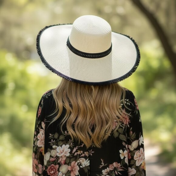 NEW Raffia Wide Brim Sunhat with Black Trim Hat OS NWT - Picture 3 of 3